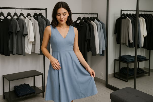 A woman is trying on the dress in the fashion retail store dont give yellow color in them-1