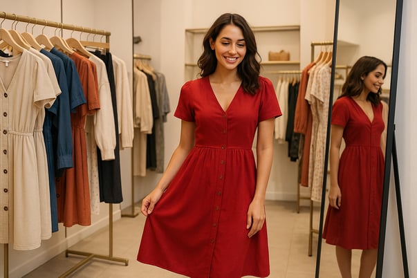 A woman is trying on the dress in the fashion retail store-1