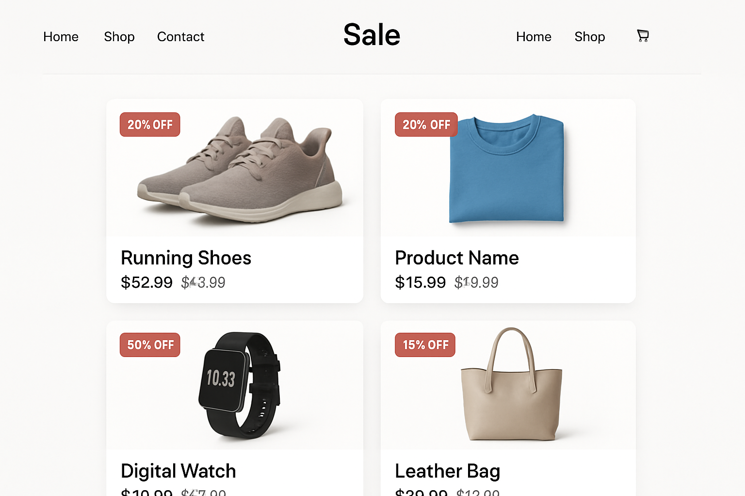 Can you please show the pricing discounted on ecommerce website please show this on the website template please use sample products and names-1