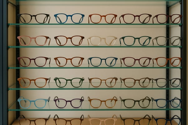 Lots of differentcolored specs in a display case It looks like a display case of a shop-1