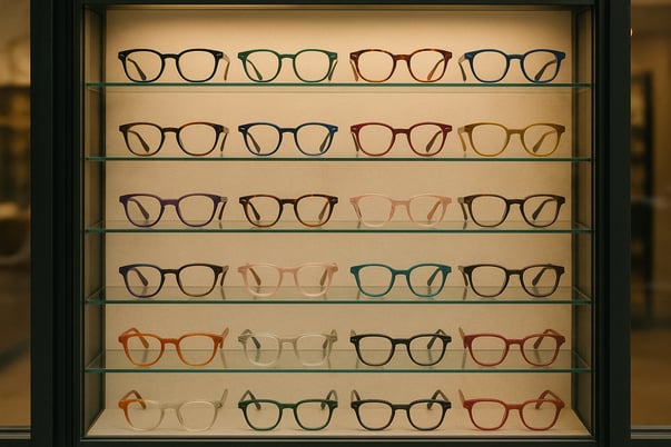Lots of differentcolored specs in a display case It looks like a display case of a shop