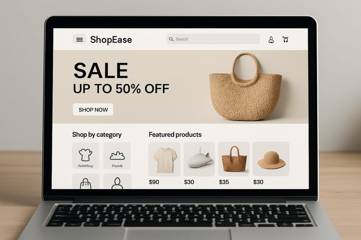 PLease create a image of the ecoomerce store Give it a random name and show it on a laptop