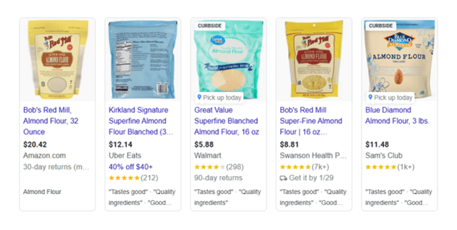 Google Search, Sponsored Results, for ‘almond flour’ showing a broad range of prices from various retailers.