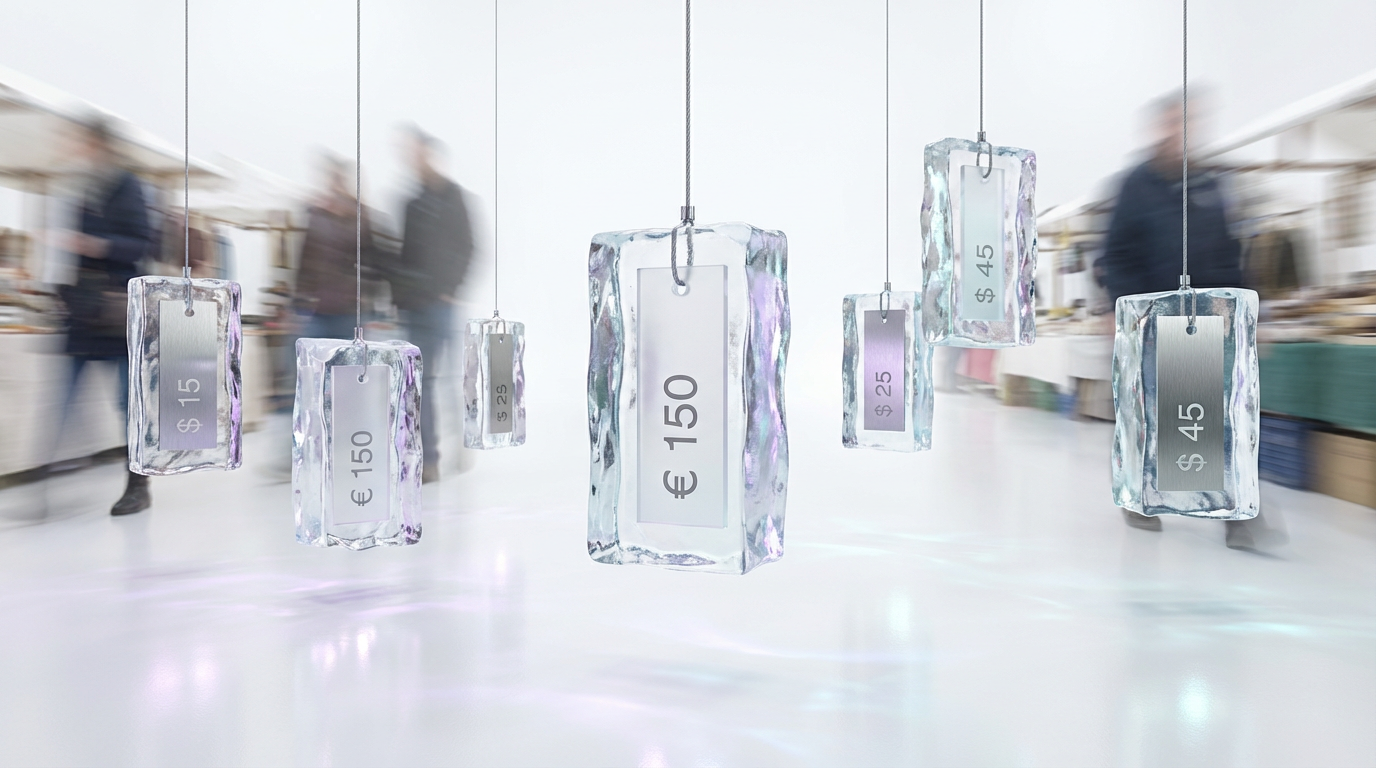 Firefly_Gemini Flash_Wide photorealistic image of abstract price markers partially frozen in translucent g 237762